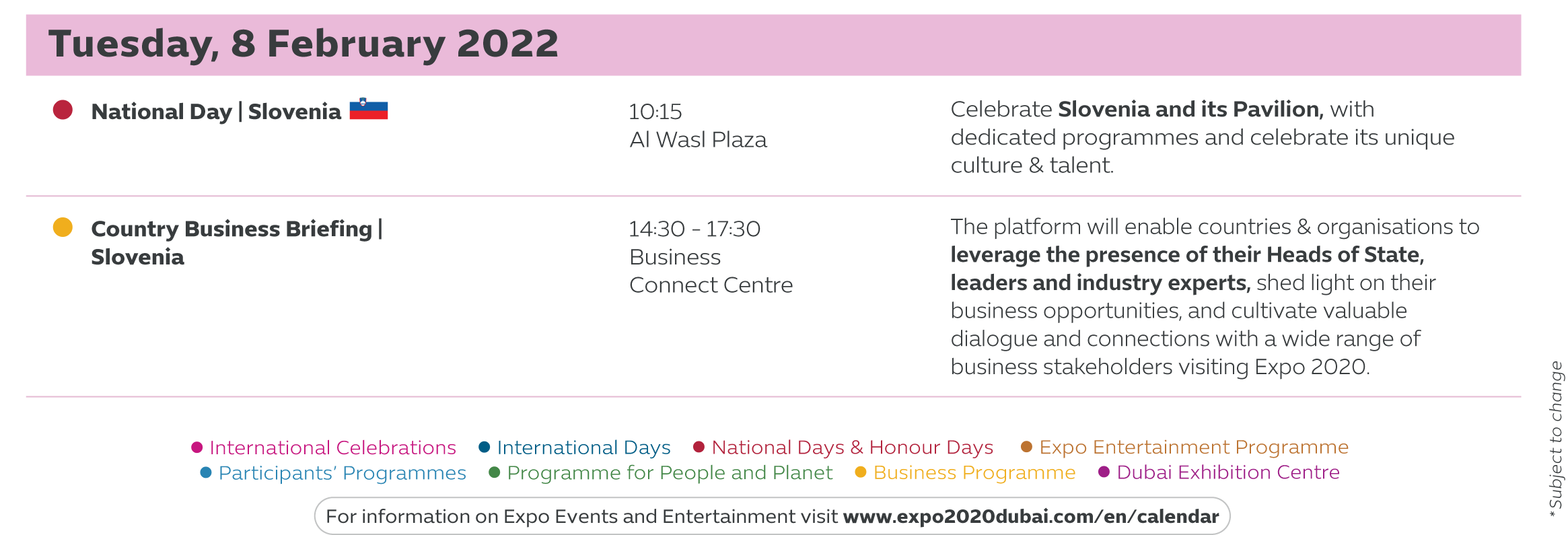 There are loads to see and experience at Expo 2020. Fill your calendar day with one-of-a-kind events, activities, and more.