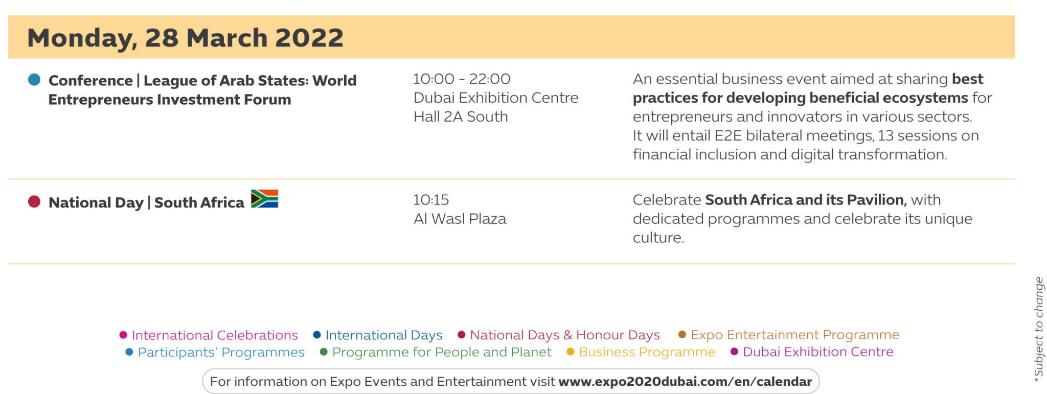 There are loads to see and experience at Expo 2020. Fill your calendar day with one-of-a-kind events, activities, and more.