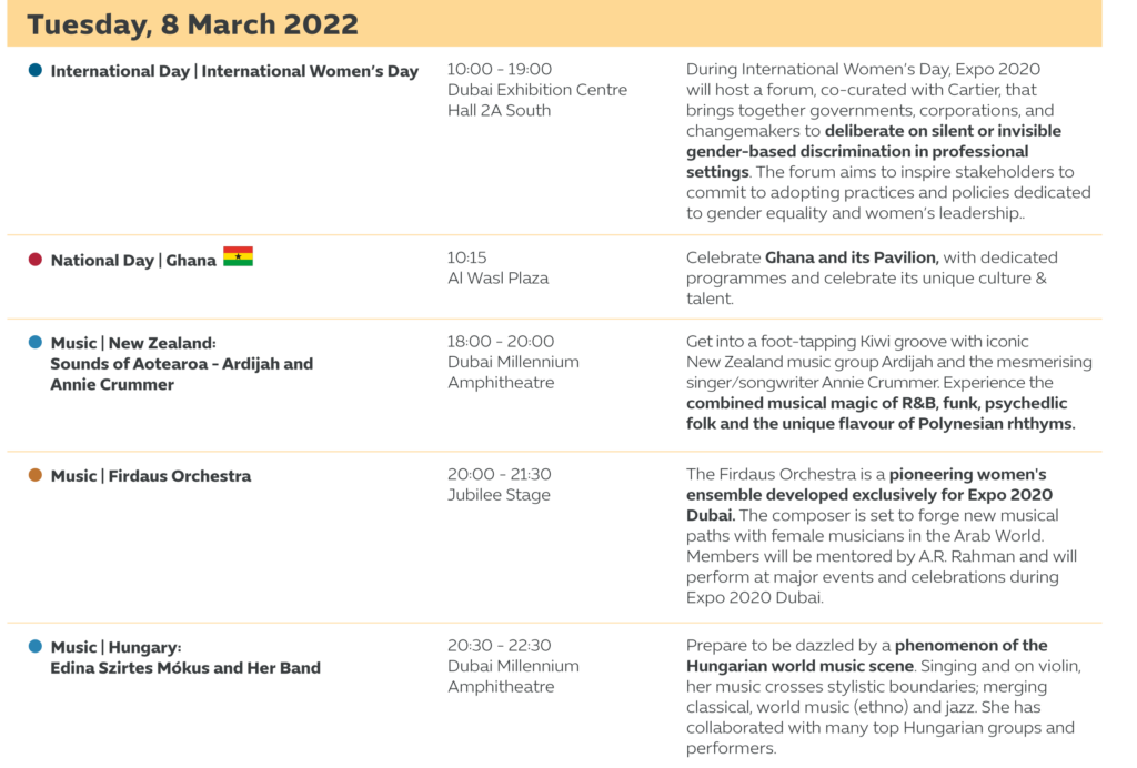 There are loads to see and experience at Expo 2020. Fill your calendar day with one-of-a-kind events, activities, and more.